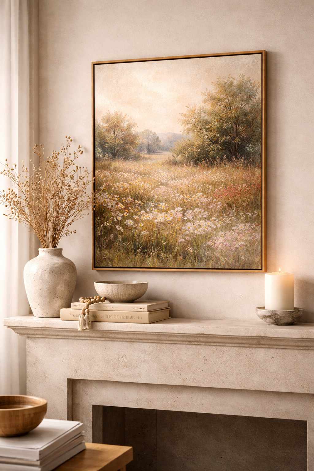 Framed artwork displayed on mantel